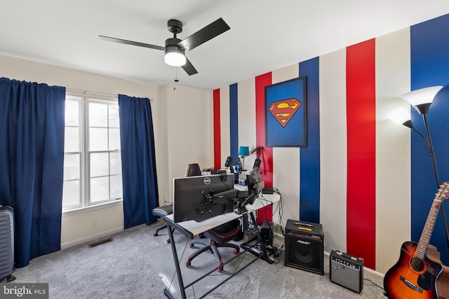 office featuring light colored carpet and ceiling fan