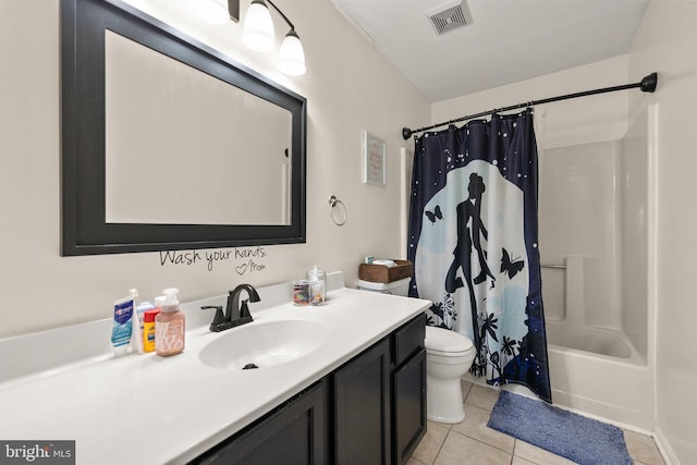 full bathroom featuring shower / tub combo with curtain, vanity, toilet, and tile patterned flooring