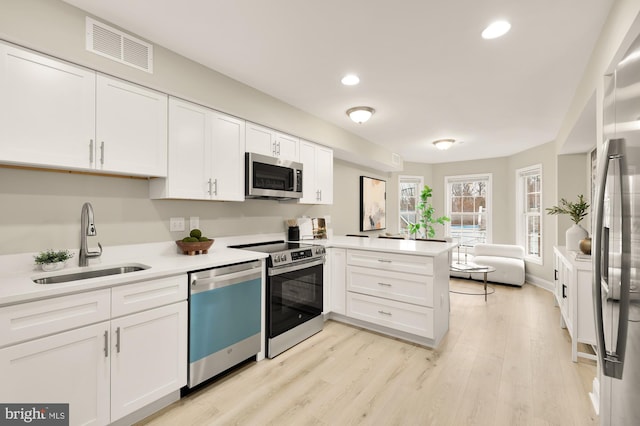 kitchen with a peninsula, appliances with stainless steel finishes, light countertops, and a sink