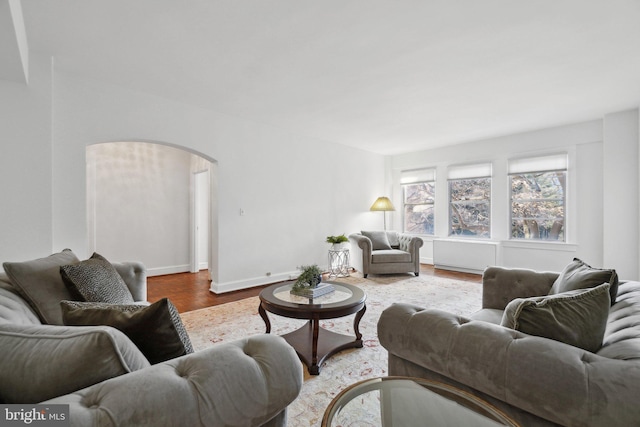 living room featuring baseboards, arched walkways, and wood finished floors