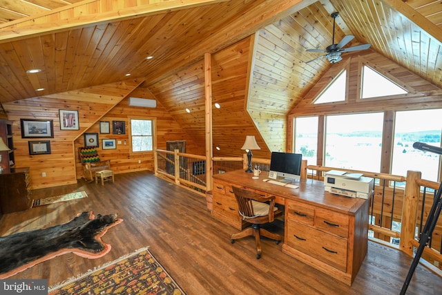 office with lofted ceiling, dark hardwood / wood-style flooring, wooden ceiling, and wood walls