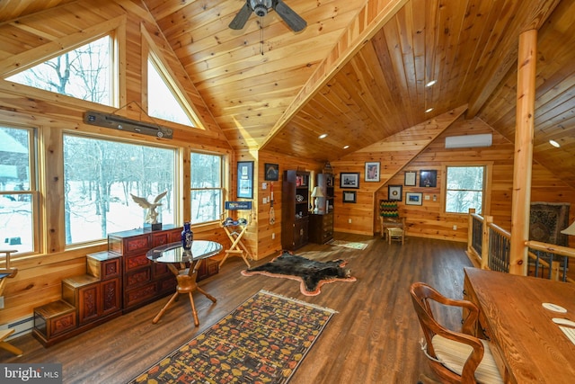 home office with vaulted ceiling with beams, wood ceiling, dark hardwood / wood-style floors, and wood walls