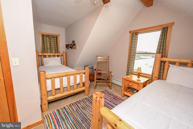 bedroom featuring vaulted ceiling with beams and ceiling fan