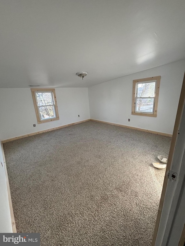 carpeted spare room featuring plenty of natural light and vaulted ceiling