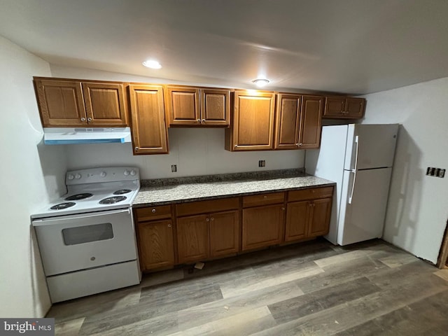 kitchen with light wood-type flooring and white appliances