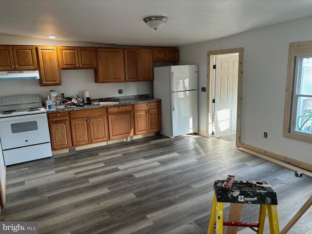 kitchen featuring dark hardwood / wood-style flooring and white appliances