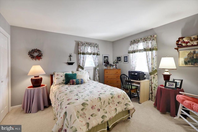 bedroom with light colored carpet