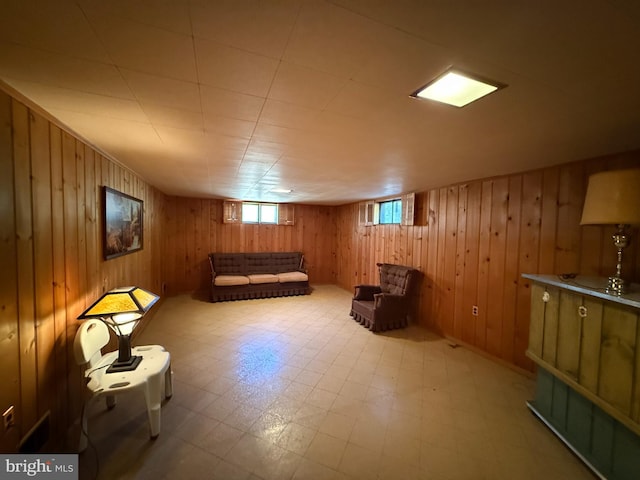 interior space featuring wooden walls