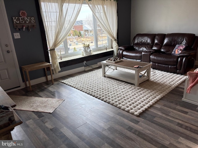 living room with dark hardwood / wood-style flooring