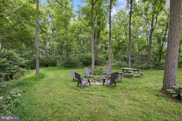 view of yard with a fire pit