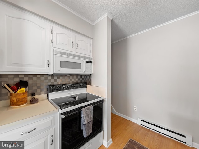 kitchen with electric range oven, a baseboard radiator, light hardwood / wood-style floors, decorative backsplash, and white cabinets