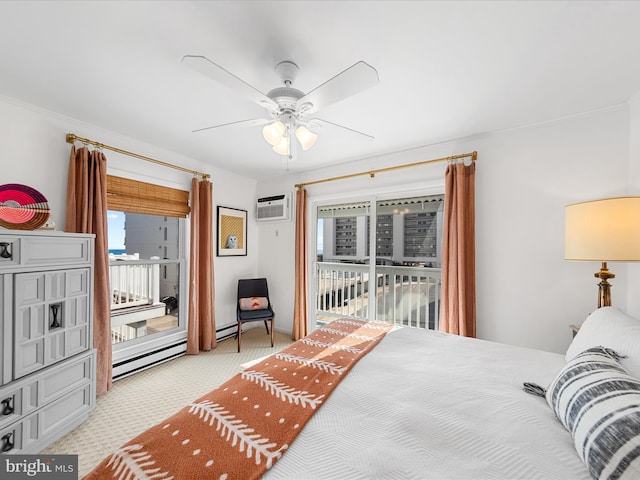 bedroom featuring ceiling fan, ornamental molding, light carpet, access to outside, and an AC wall unit