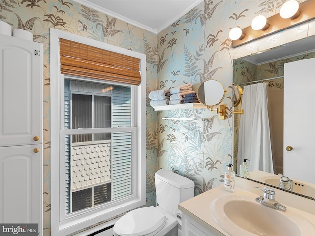 bathroom with crown molding, vanity, toilet, and walk in shower