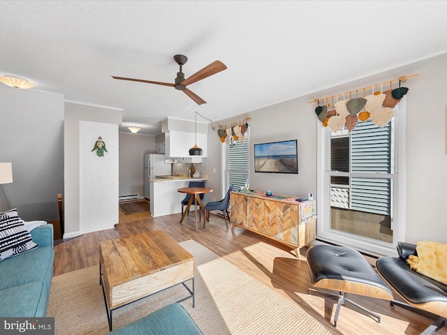 living room with ceiling fan, a textured ceiling, light hardwood / wood-style floors, and baseboard heating