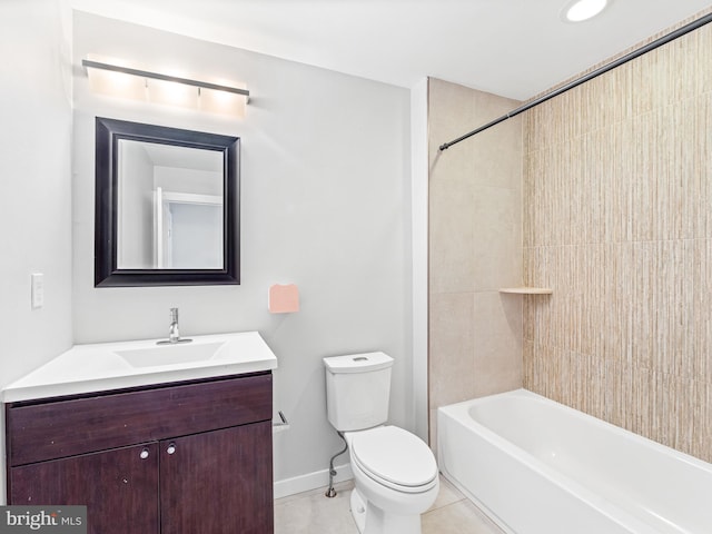 full bathroom featuring tile patterned flooring, vanity, tiled shower / bath combo, and toilet