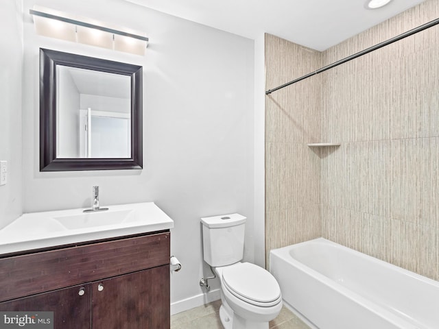 full bathroom featuring vanity, toilet, tiled shower / bath combo, and tile patterned flooring