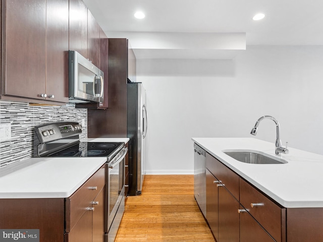 kitchen with sink, backsplash, a kitchen island with sink, light hardwood / wood-style floors, and stainless steel appliances