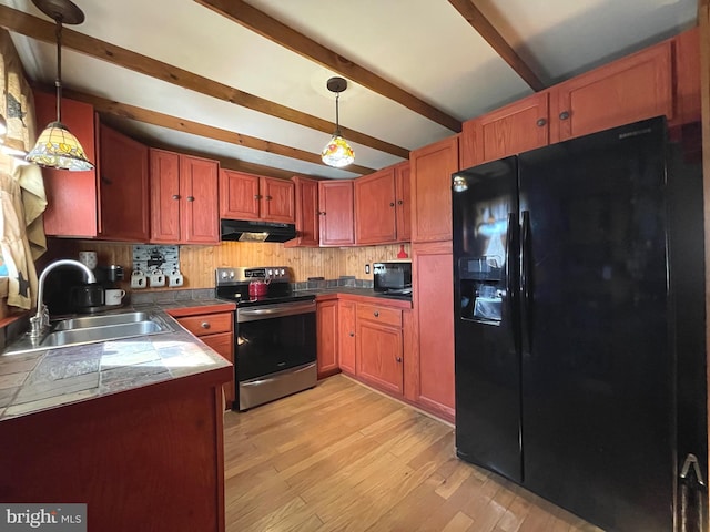 kitchen with hanging light fixtures, sink, light hardwood / wood-style flooring, and black appliances