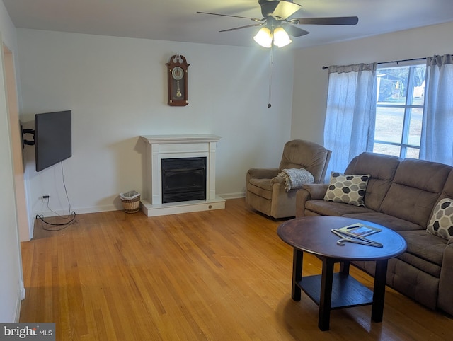 living room with hardwood / wood-style flooring and ceiling fan