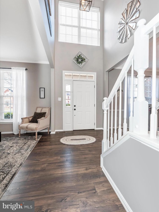 entrance foyer with dark hardwood / wood-style floors and a high ceiling