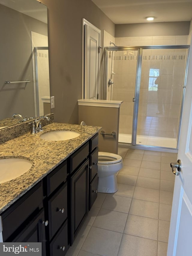 bathroom with vanity, walk in shower, tile patterned floors, and toilet