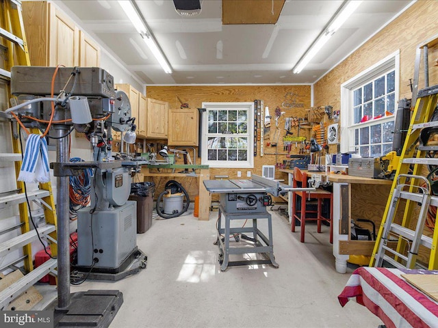 garage featuring a garage door opener and a workshop area