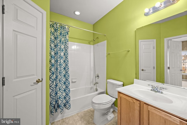 full bathroom featuring toilet, tile patterned floors, vanity, and shower / bathtub combination with curtain