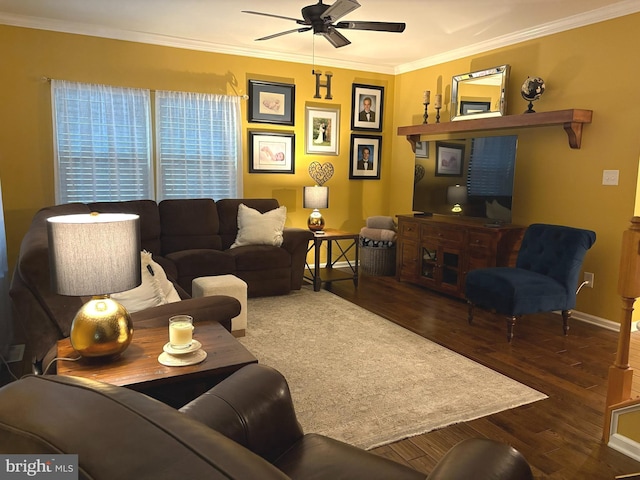 living room featuring dark hardwood / wood-style flooring, crown molding, and ceiling fan