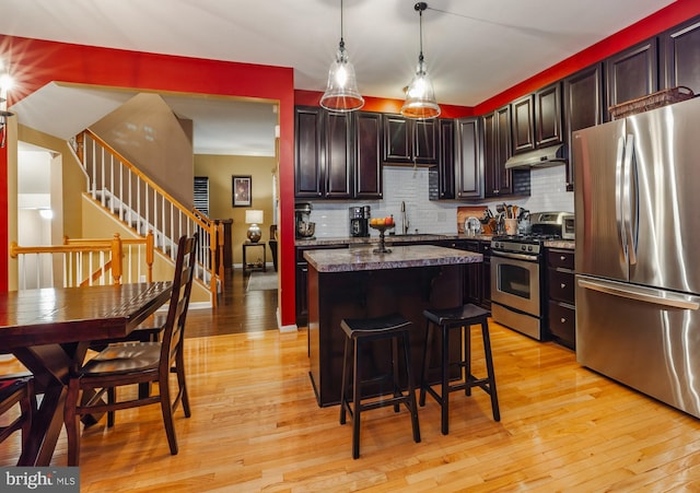 kitchen featuring pendant lighting, stainless steel appliances, a center island, light hardwood / wood-style floors, and a kitchen bar