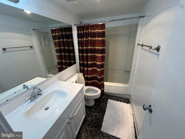 full bathroom featuring shower / bath combination with curtain, vanity, and toilet