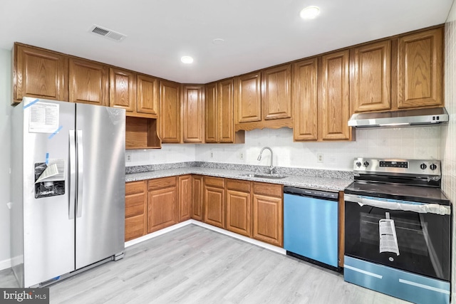 kitchen with sink, backsplash, light hardwood / wood-style floors, and appliances with stainless steel finishes