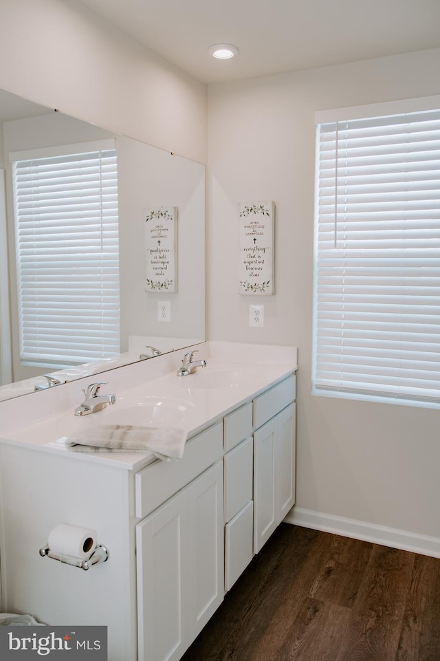 bathroom with vanity, wood-type flooring, and plenty of natural light