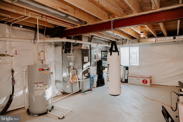 basement featuring electric water heater