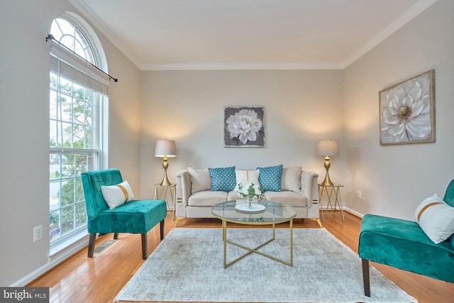 living room with baseboards, wood finished floors, and crown molding