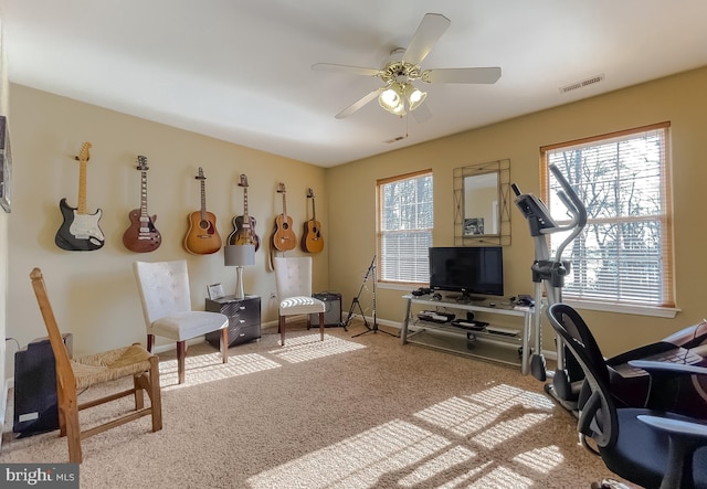 office with plenty of natural light, carpet flooring, and ceiling fan