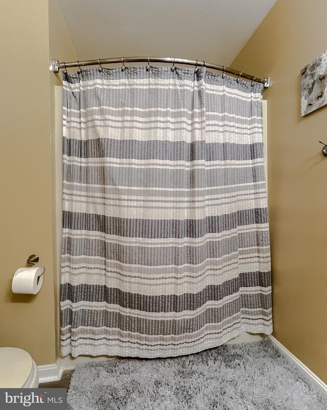 bathroom with a shower with curtain and toilet