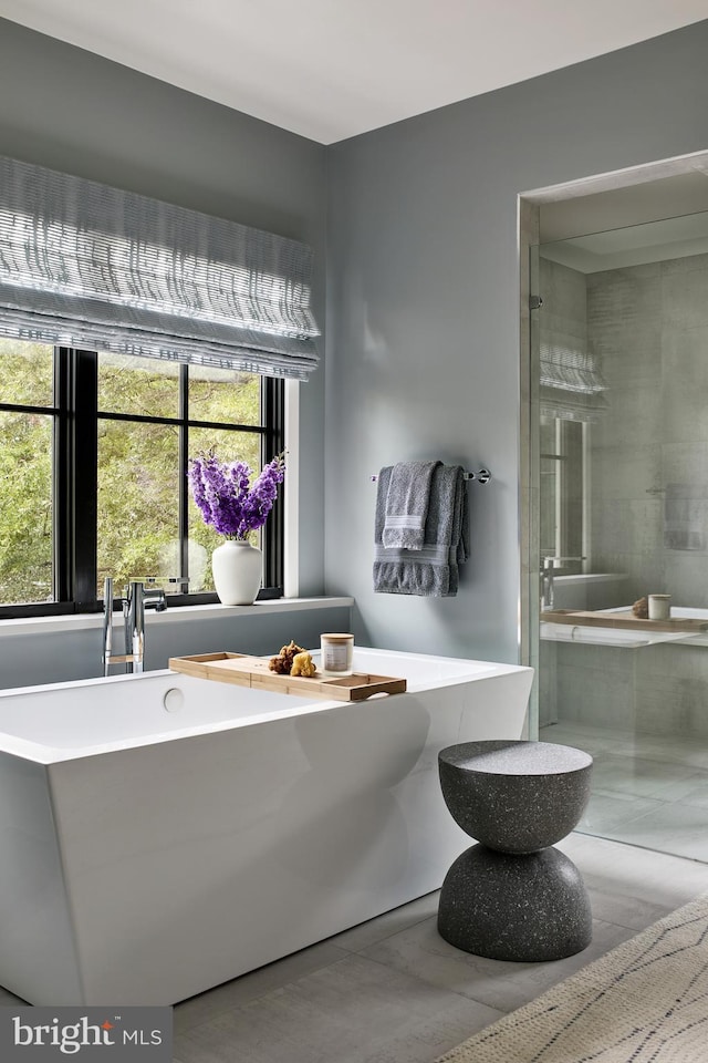 bathroom featuring a stall shower and a freestanding tub