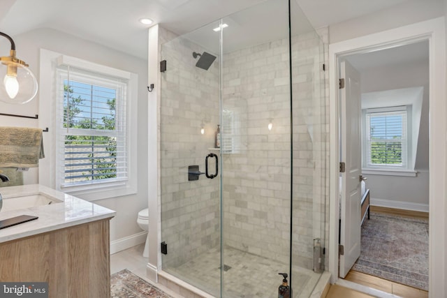 bathroom with a shower with door, vanity, and toilet