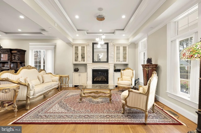 sitting room featuring crown molding, a fireplace, a raised ceiling, and light wood-type flooring