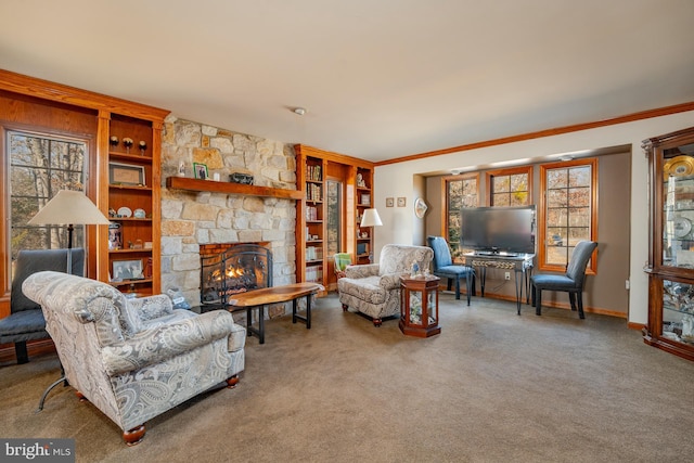 carpeted living room featuring crown molding and a stone fireplace