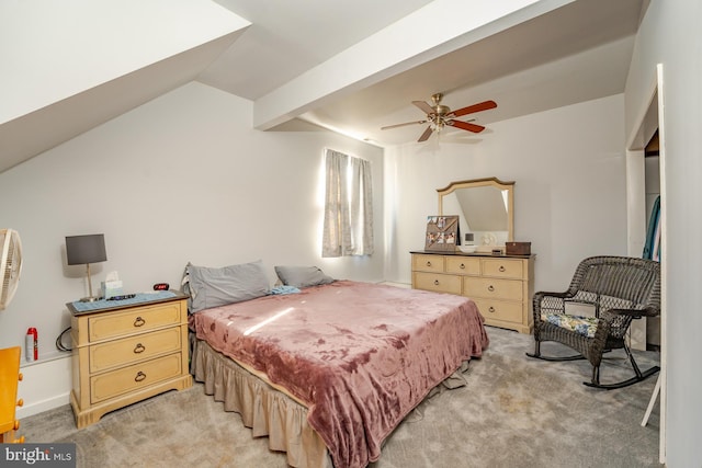 bedroom featuring vaulted ceiling with beams, light colored carpet, and ceiling fan