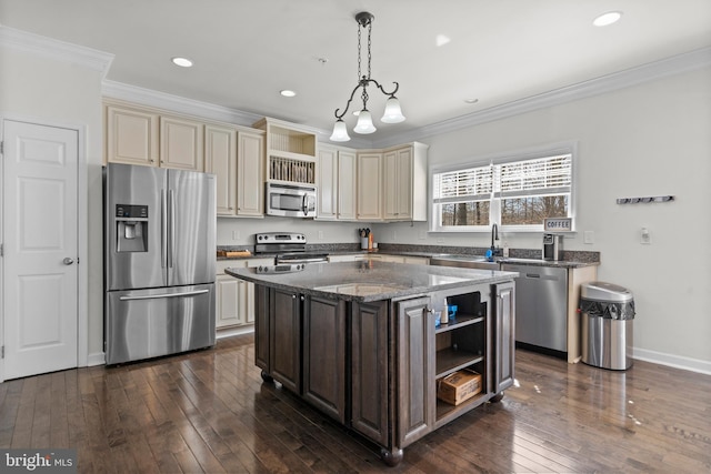 kitchen featuring open shelves, cream cabinetry, appliances with stainless steel finishes, and ornamental molding