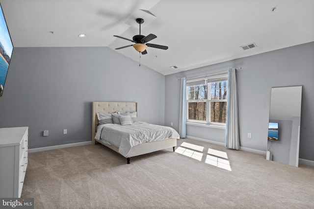 bedroom featuring visible vents, a ceiling fan, baseboards, carpet, and lofted ceiling