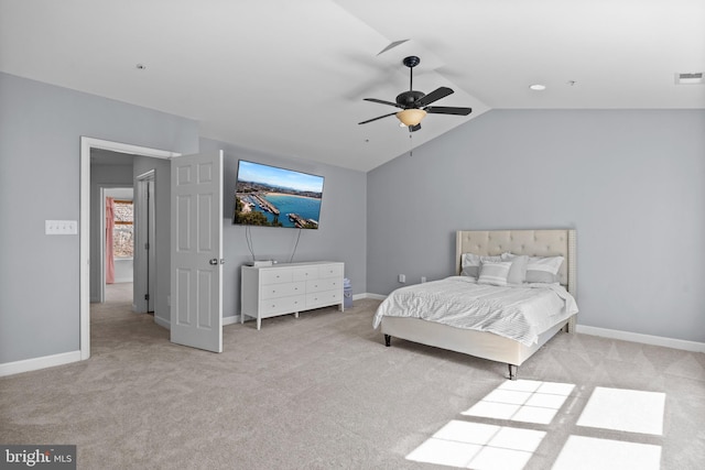 bedroom featuring visible vents, baseboards, carpet, and lofted ceiling