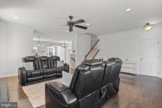 living area with stairway, baseboards, recessed lighting, dark wood-style flooring, and crown molding