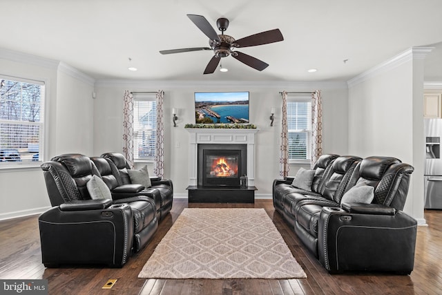 living area with a glass covered fireplace, dark wood-type flooring, baseboards, and ornamental molding