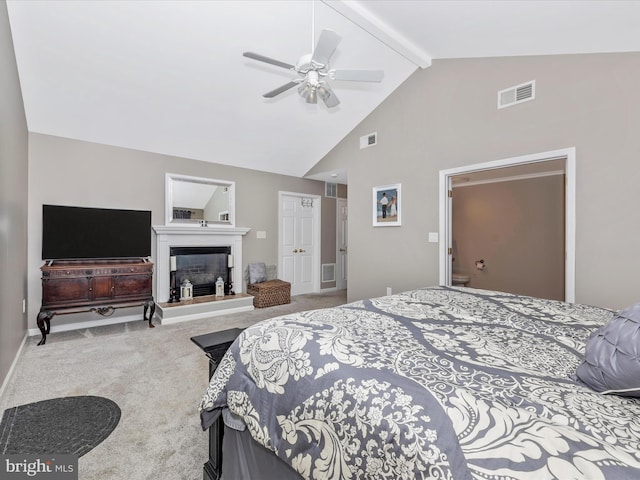 bedroom featuring beamed ceiling, ceiling fan, carpet flooring, and high vaulted ceiling