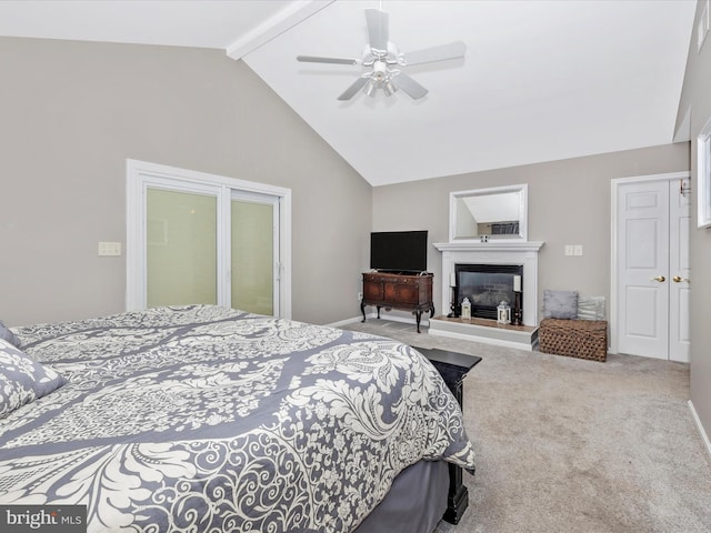 carpeted bedroom featuring ceiling fan, high vaulted ceiling, and beam ceiling