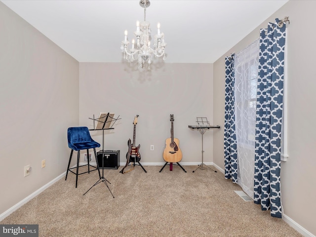 miscellaneous room featuring carpet and a notable chandelier