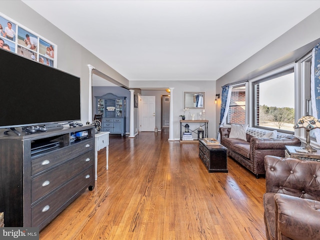 living room with light hardwood / wood-style flooring and ornate columns